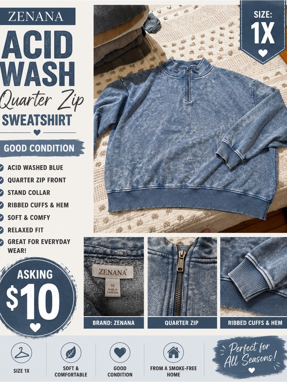 Zenana Outfitters Acid Wash Blue Quarter-Zip Crewneck Sweatshirt